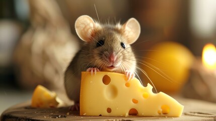 Fototapeta premium A Delightful Encounter with a Charming Mouse Perched Upon a Slice of Swiss Cheese, Artfully Presented on a Rustic Wooden Board