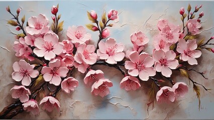 a branch cherry blossoms painted on canvas with oil paints