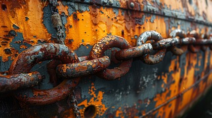 A rusted metal chain is securely fastened to a boat on the dock
