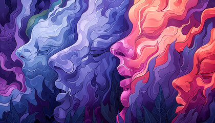 psychedelic abstract background with trippy faces and waves, wallpaper art