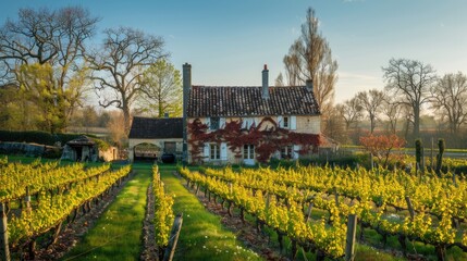 Vineyard landscape with a winery building on a hill under stunning sky. Rows of grapes.