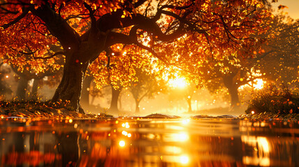 Obraz premium Autumn in the forest, with sunlight filtering through vibrant foliage, casting colorful reflections on a quiet lake