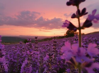 Obraz premium Purple sky over purple flower field on the country