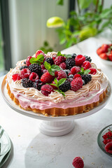 vanilla cake with different berries on the plate generated by AI