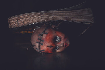 a bloody doll head and a book, a scary doll head full of blood