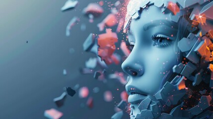 Humanoid female AIs face encircled by shattered fragments against digital abstract backdrop