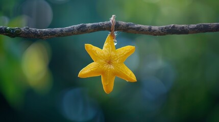   A yellow star ornament dangles from a twig against a hazy backdrop