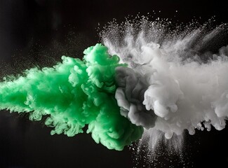 Green and white colors paint explosion isolated on dark background