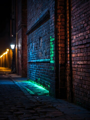Vintage Urban Scene, Neon Lights Casting a Glow on an Aged Brick Wall in a Dark, Empty Street with Smoke.