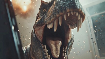 A close-up view of a roaring dinosaur with its mouth open
