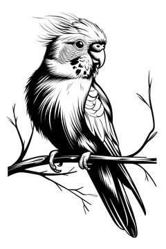 recommend clip art: black and white sketch of a cockatiel parrot sitting on a branch