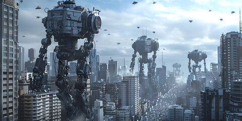 giant mech robot and Kaiju monster battle in complex cityscape folding
