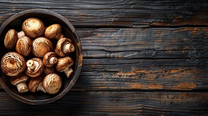 Obraz premium A bowl overflowing with mushrooms on a wooden table Nearby, a knife and an empty bowl await
