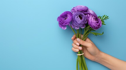   Person's hand holding a bouquet of purple flowers against a blue background A ring adorns the end of the bouquet