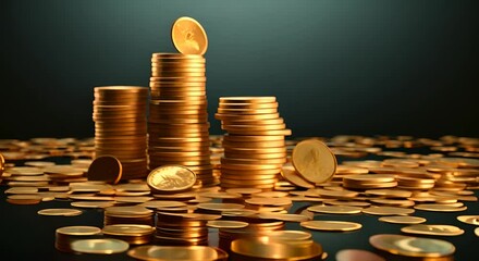 Minimalist 3D depiction of collapsing coin towers, unstable economy,