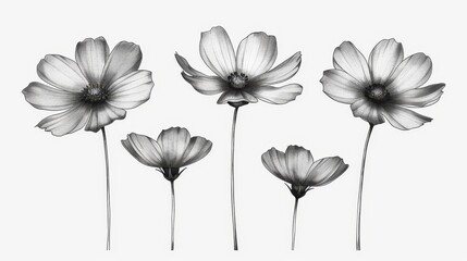   Three black-and-white flowers are depicted in this monochrome photograph All are set against a pristine white background