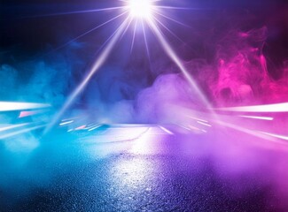 Wet asphalt, reflection of neon lights, a searchlight, smoke. Abstract light in a dark empty background.