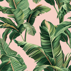 Tropical leaves seamless pattern on pink background