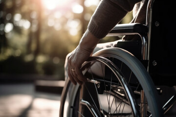 Obraz premium A person in a wheelchair navigating through a park
