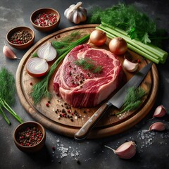 Pieces of fresh selected meat lie on a wooden cutting board along with spices, onions and seasonings