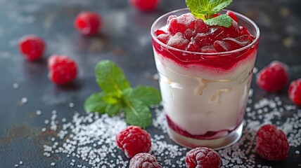Delectable yoghurt topped with jelly and served in a glass with a mint leaf decoration.