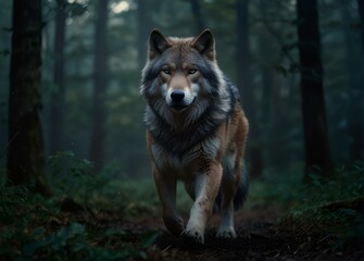 AI generated illustration of a lone wolf prowls through a dim forest