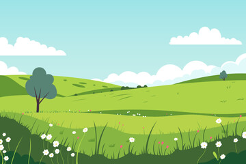 Beautiful landscape vector illustration of summer green fields, hills and flower meadows. Stunning farm landscape with hills and blue sky with clouds in the background. Natural landscape for design.