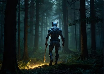 AI generated illustration of a solitary figure in dark medieval armor stands amidst the forest