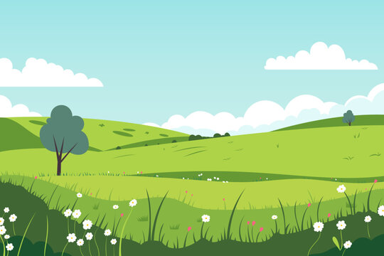 Beautiful landscape vector illustration of summer green fields, hills and flower meadows. Stunning farm landscape with hills and blue sky with clouds in the background. Natural landscape for design.