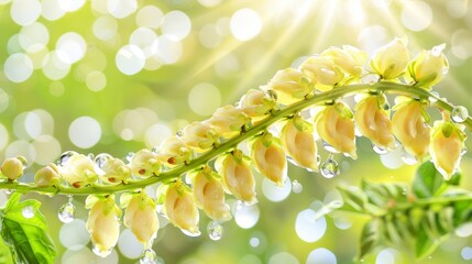  leaves dotted with water droplets, backdrop of sunbeam's bubble