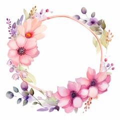 Watercolor Wreath With Pink Flowers and Leaves