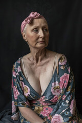 Fototapeta premium An older woman wearing a pink head scarf stands in a field, looking out into the distance