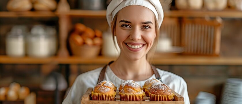 A nice young baker is seen posing with a branded wooden box full of muffins.