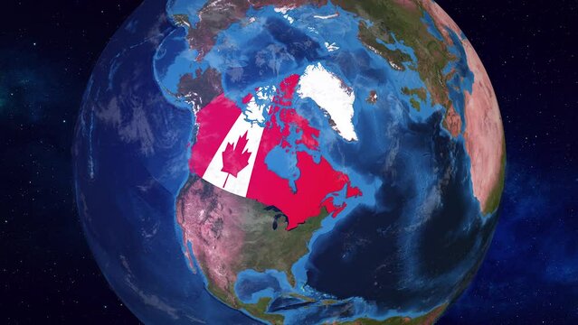Canada: Realistic 3D Animation or Earth zooming into Canada with its border highlighted with its National Flag in 4K