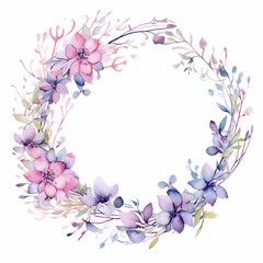 Naklejka premium Watercolor Wreath With Purple Flowers and Green Leaves