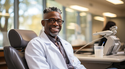 A cheerful African American doctor with glasses wears a lab coat and sits confidently in his office, medical equipment in the background