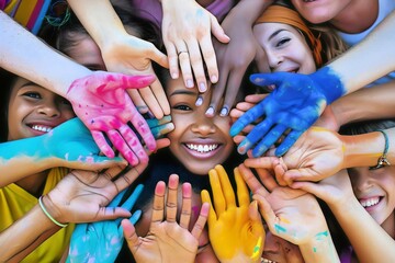 Obraz premium Joyful expression of diversity and inclusivity, with hands covered in colorful paint, forming a vibrant circle, celebrating unity and creativity. 