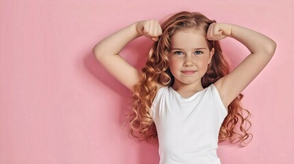 confident young girl flexing her muscles, showcasing strength and positivity, against a vibrant pink background.
