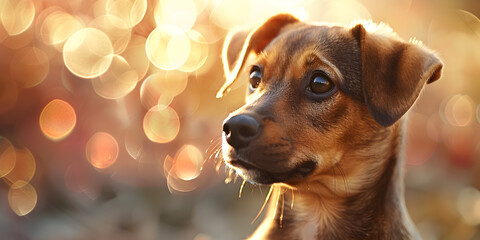 Alert Brown and White Mixed Breed Dog Profile View with Soulful Eyes in Golden Hour Light, Profile View of Brown and White Mixed Breed Dog in Golden Hour Light