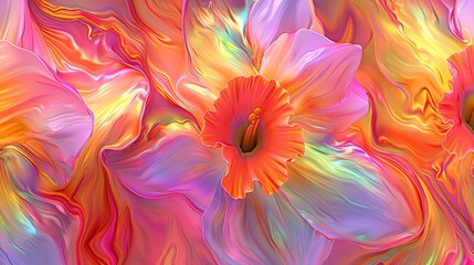   A bouquet of flowers, centered, in a painting of pink, orange, yellow, and green blooms