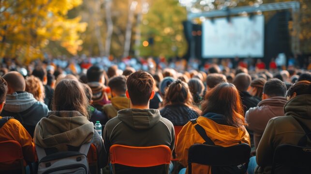 A vast crowd gathers outdoors for a conference event, seated in anticipation of engaging discussions