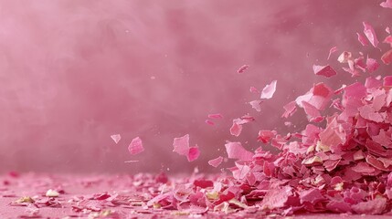   A mound of pink petals atop a pink-hued dust bed, against a pink background wall
