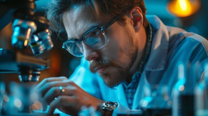 The scientist is working hard to find a cure for the disease. He is looking at a petri dish with a microscope.