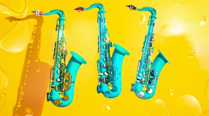 Vibrant Electric Blue Saxophones Levitate on Yellow, Symbolizing African-American Music Heritage
