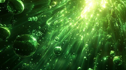   A scene of numerous bubbles suspended in the air above a backdrop of water droplets and a verdant background, illuminated from above by soft light emanating from each bubble