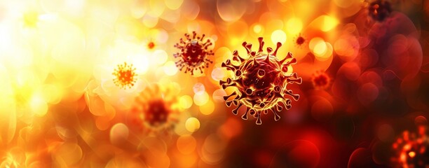 Vivid conceptual artwork of virus particles illuminated by golden light, symbolizing outbreak and transmission.