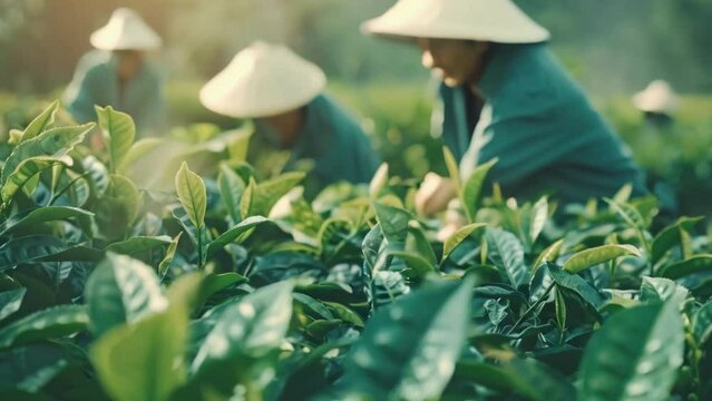 Farmers collect fresh green leaves at a tea plantation. Agricultural fields. Growing crops on a farm. Organic eco products. Herbal drink growth. Traditional beverage production. Countryside view.