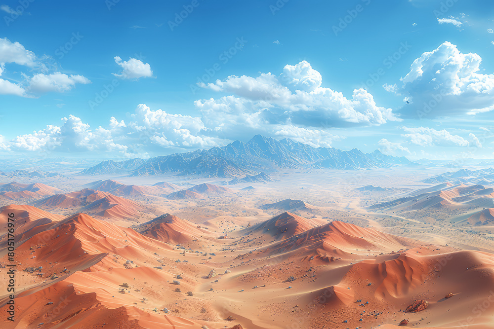 Wall mural a vast desert landscape, with rolling sand dunes and rocky outcrops, shaped by wind and erosion over