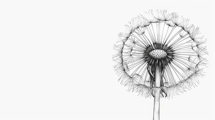  A monochrome image of a person in the midst of a dandelion, surrounded by its white and black blooms