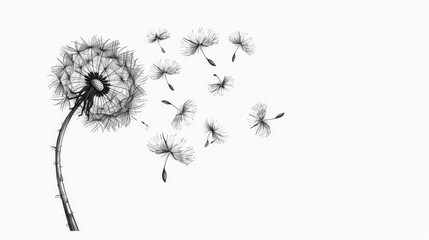   A monochrome image of a dandelion drifting in the wind, seeds airborne
